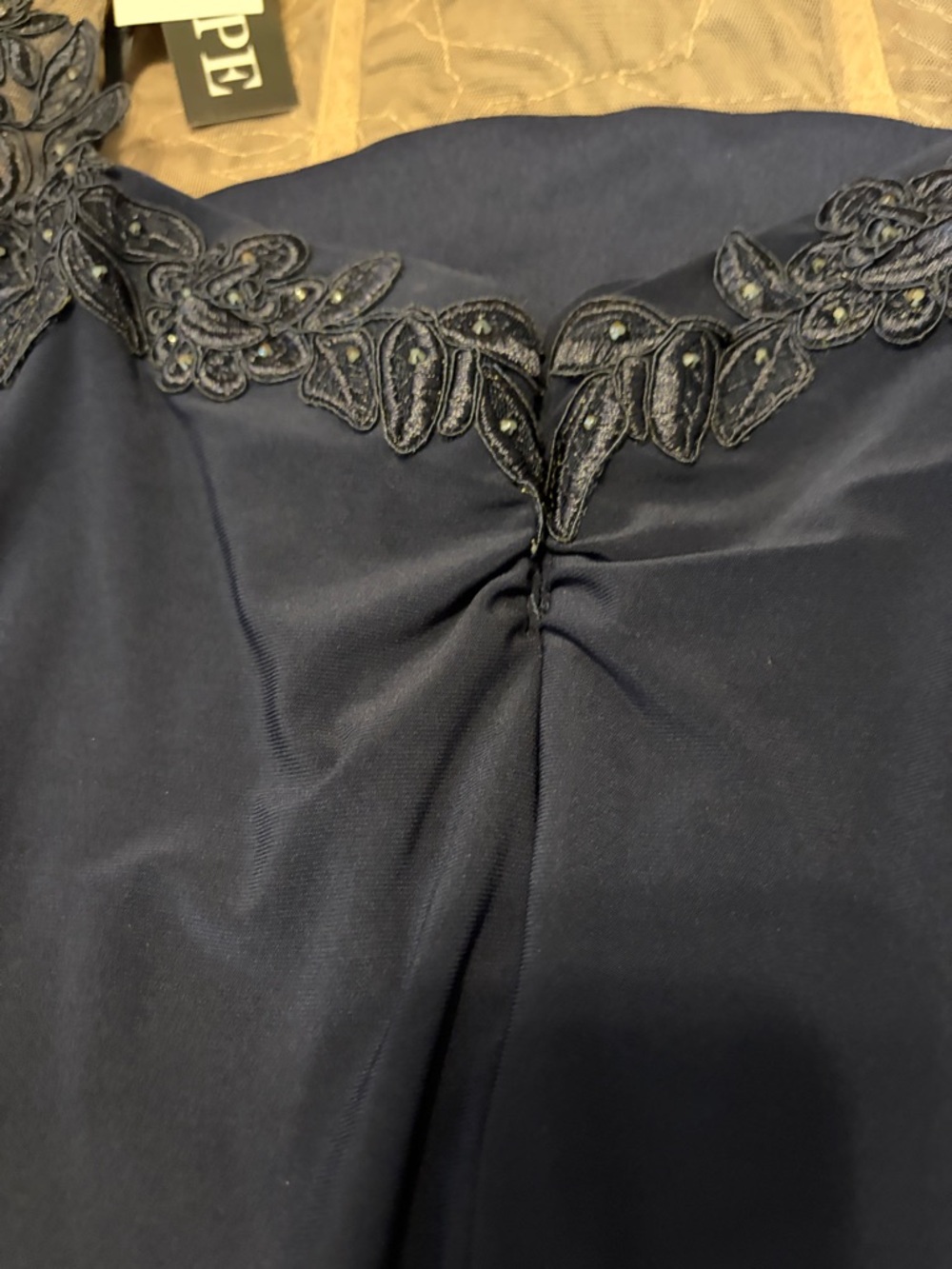 XSCAPE navy halter open back full length lace appliqué beaded prom evening gown - Picture 7 of 17